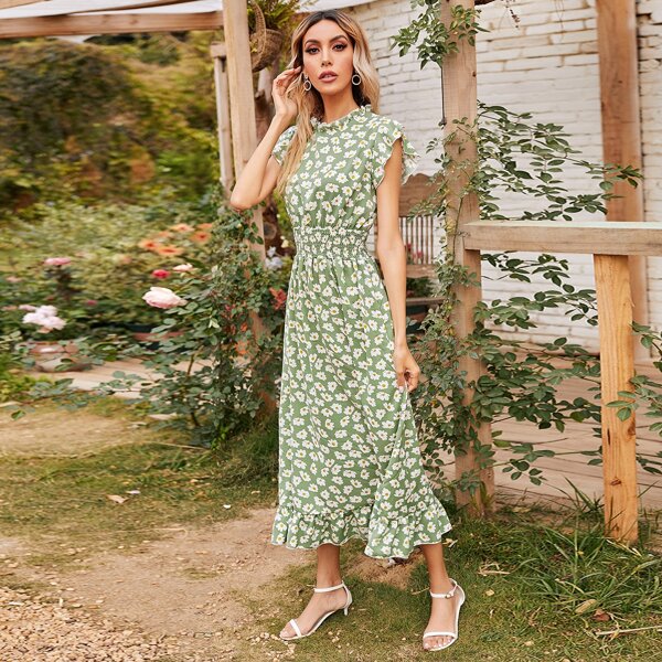 

Mock Neck Shirred Waist Ruffle Hem Floral Dress, Lime green