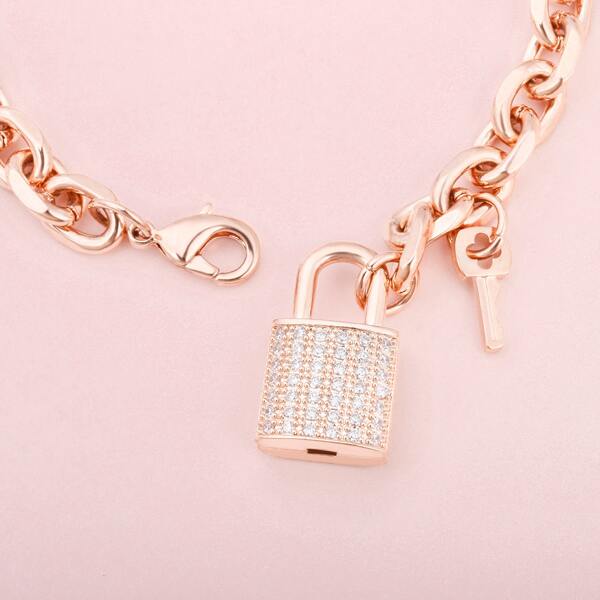 

Zircon Decor Lock Charm Bracelet, Rose gold