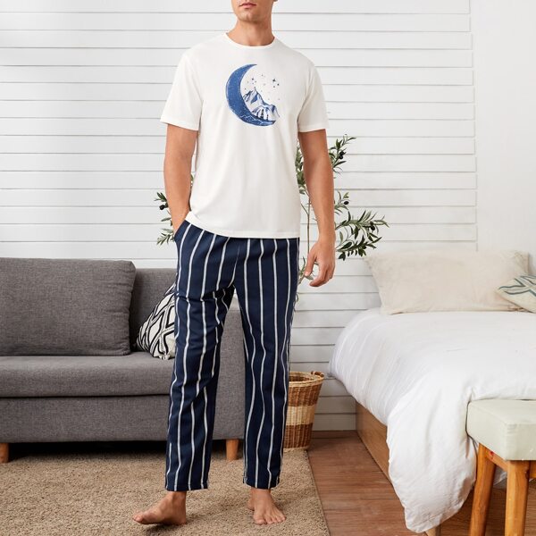 

Men Moon Graphic Tee & Stripe Pants PJ Set, Blue and white