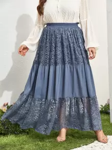 Falda línea A panel con encaje en contraste - Neblina azul - Ver 1