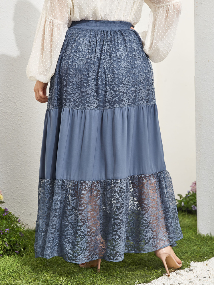 Váy Plus Size Tương phản ren màu trơn Thanh lịch - Màu xanh bụi bặm - Xem 2