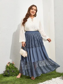 Falda línea A panel con encaje en contraste - Neblina azul - Ver 3