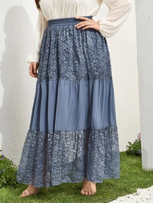 Falda línea A panel con encaje en contraste - Neblina azul - Ver 4