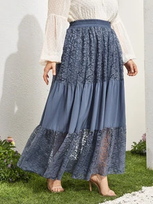 Falda línea A panel con encaje en contraste - Neblina azul - Ver 5