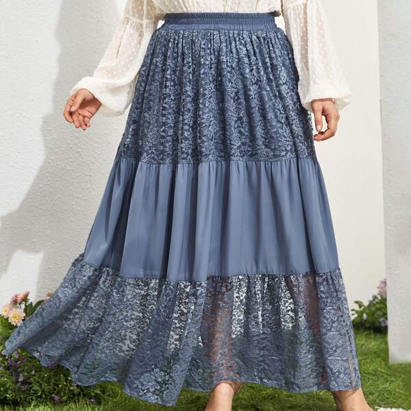 

Plus Contrast Lace Panel A-line Skirt, Dusty blue
