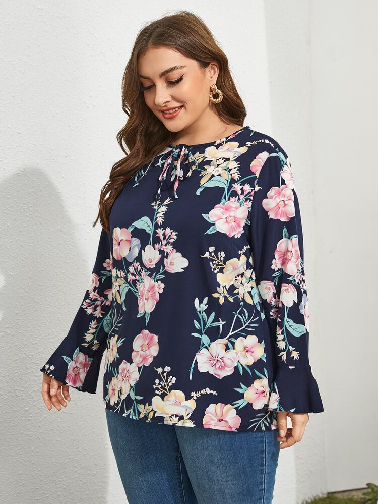 Plus Tie Neck Floral Print Blouse - Multicolor - View 5