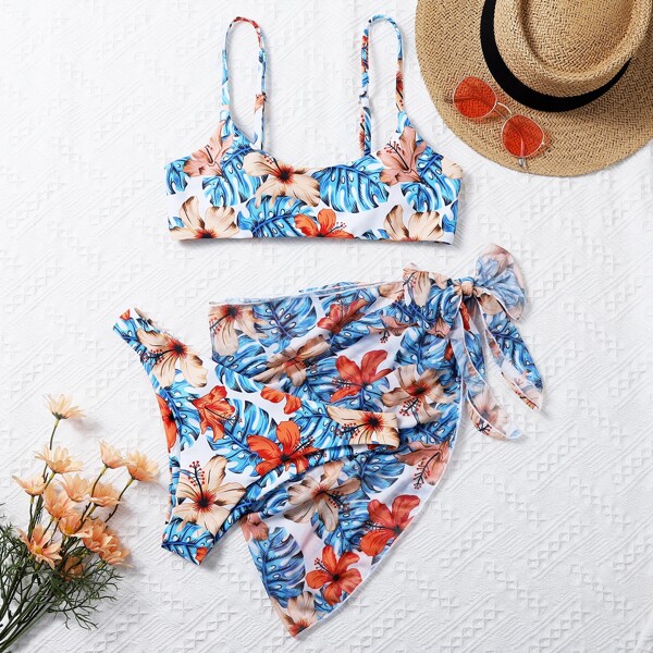 

Tropical Bikini Swimsuit With Knot Beach Skirt, Multicolor