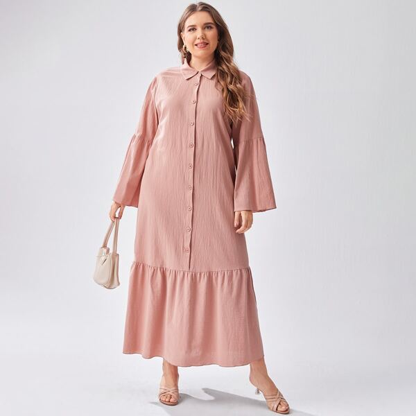 

Plus Button Front Ruffle Hem Shirt Dress, Dusty pink