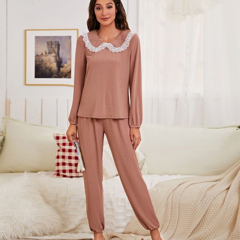 

Contrast Lace Peter Pan Collar Pajama Set, Dusty pink