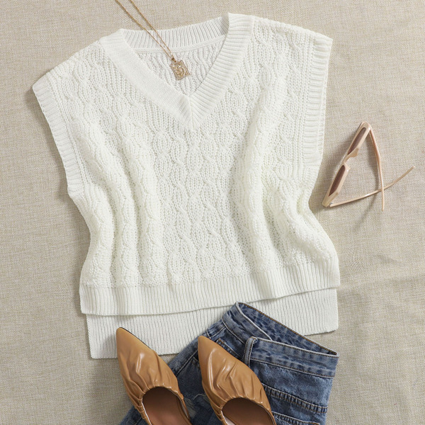 

Cable Knit High Low Sweater Vest, White