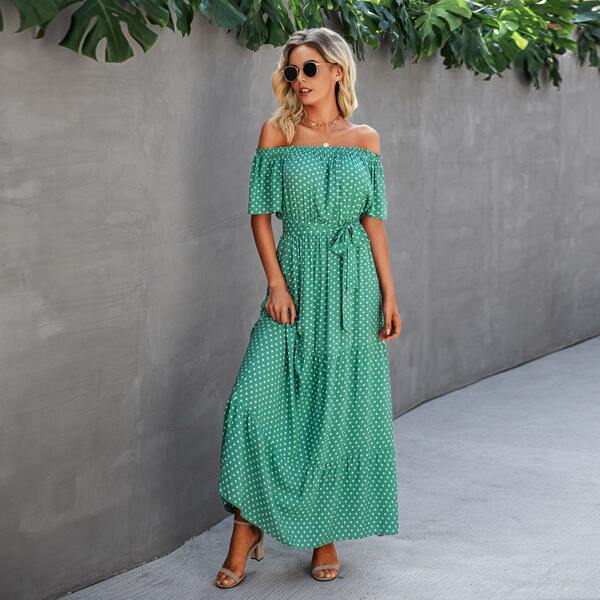 

Polka Dot Bardot A-line Dress, Green