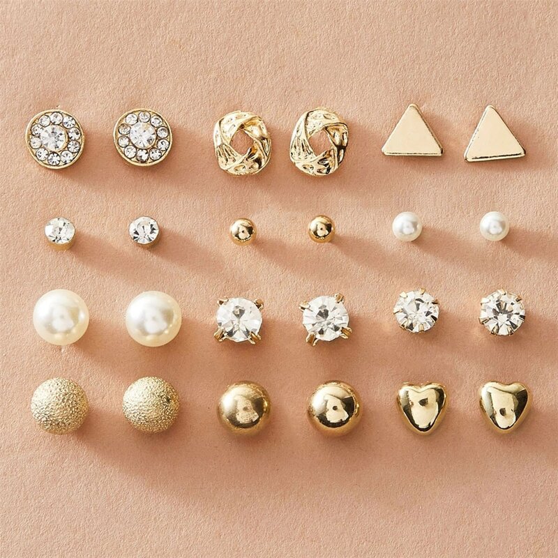 

12pairs Rhinestone & Faux Pearl Stud Earrings, Multicolor