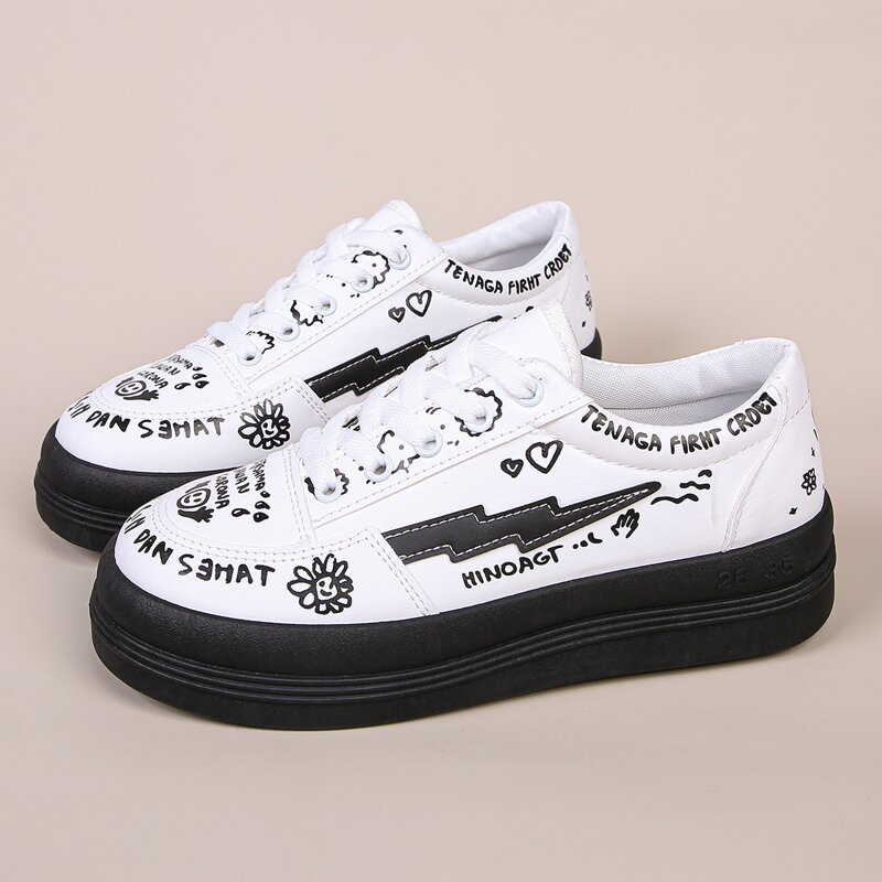 

Doodle Lace-up Front Sneakers, Black and white
