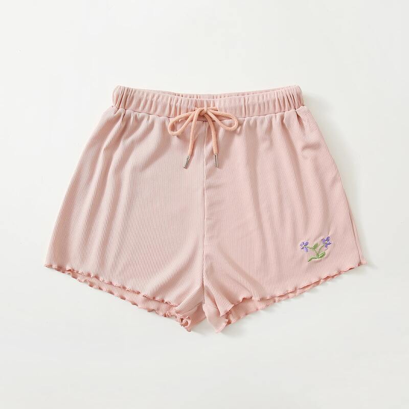 

Flower Embroidery Ribbed Lettuce Trim Shorts, Baby pink
