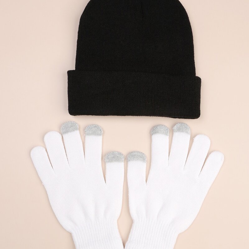 

Simple Plain Beanie & Gloves, Black and white