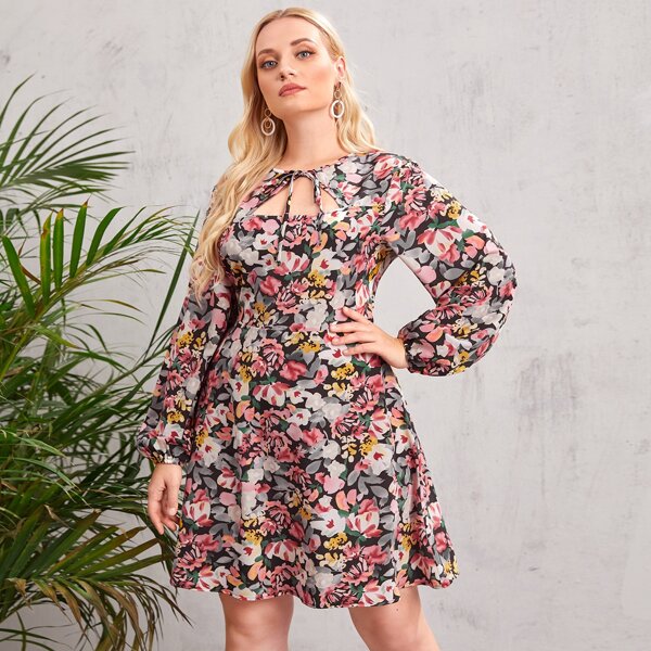 

Plus Allover Floral Tie Neck A-line Dress, Multicolor