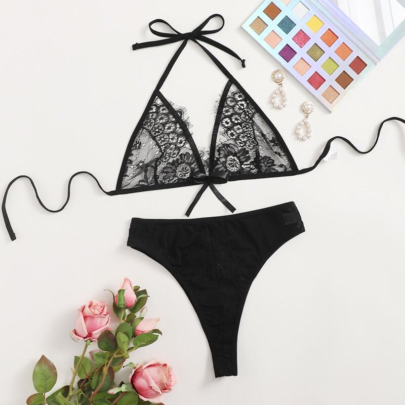 

Floral Lace Triangle Lingerie Set, Black