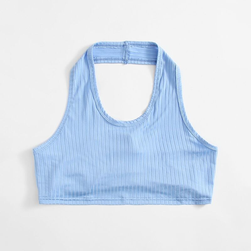 

Solid Ribbed Halter Crop Top, Baby blue
