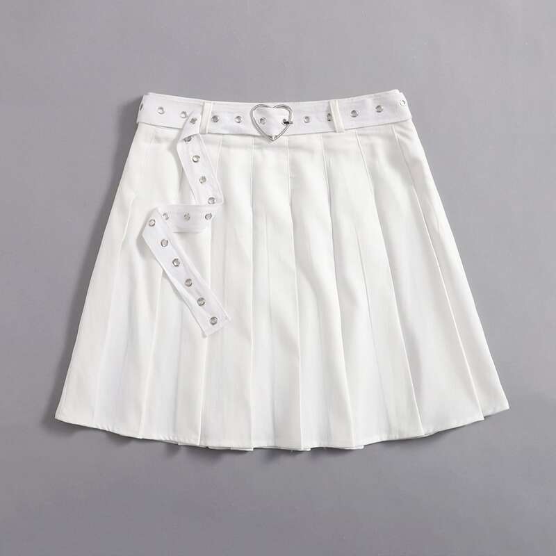 

Solid Pleated Tennis Skirt With Belt, White
