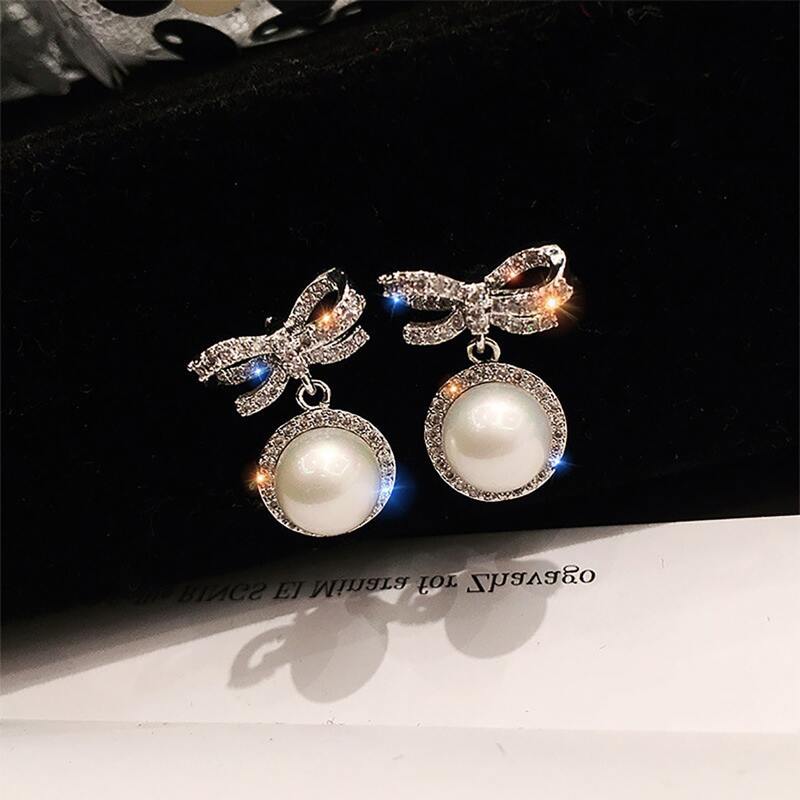

Rhinestone & Faux Pearl Drop Earrings, Silver