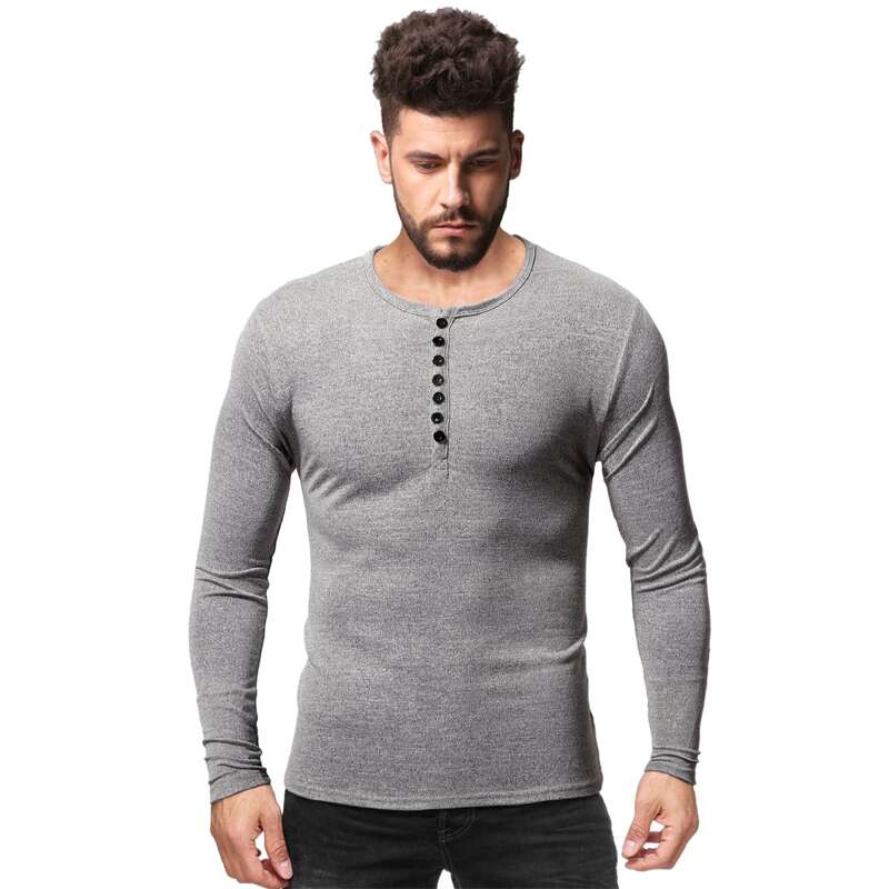 

Men Button Front Round Neck Tee, Grey