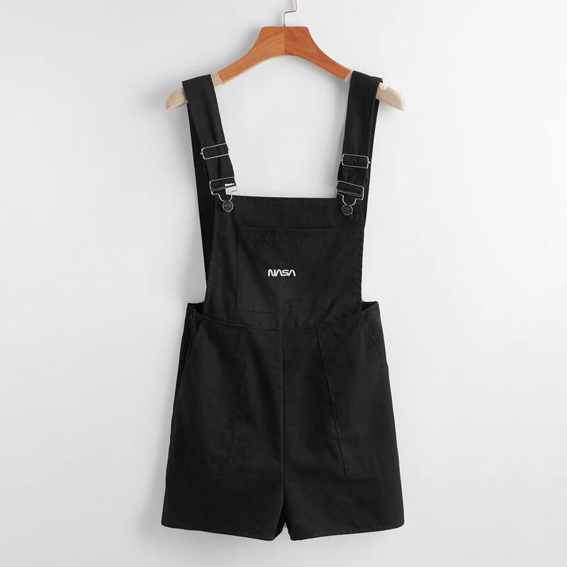 

Letter Embroidery Pocket Pinafore Jumpsuit, Black