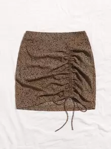 SHEIN Unity Allover Print Drawstring Ruched Skirt - Coffee Brown - View 3