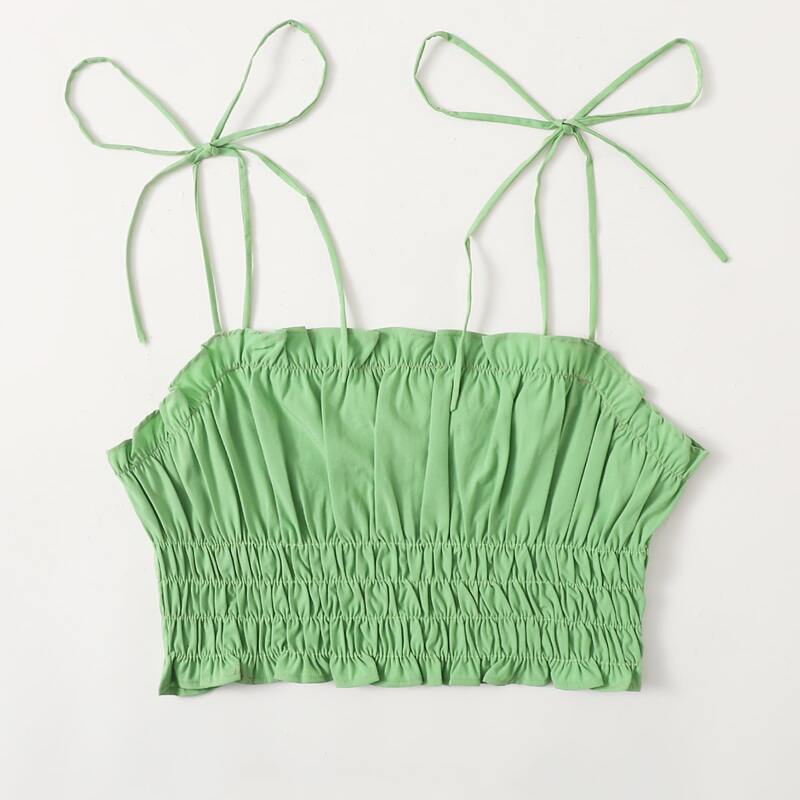 

Solid Shirred Frill Crop Cami, Green