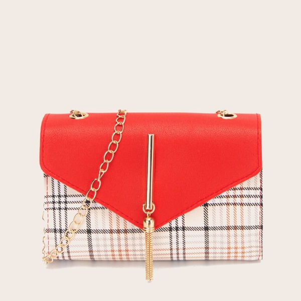 

Metal Tassel Charm Plaid Crossbody Bag, Multicolor