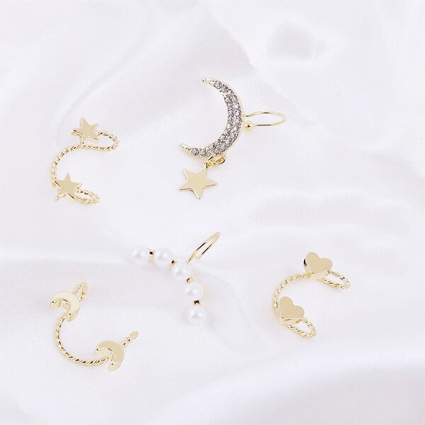 

5pcs Faux Pearl Heart Decor Ear Cuff, Gold