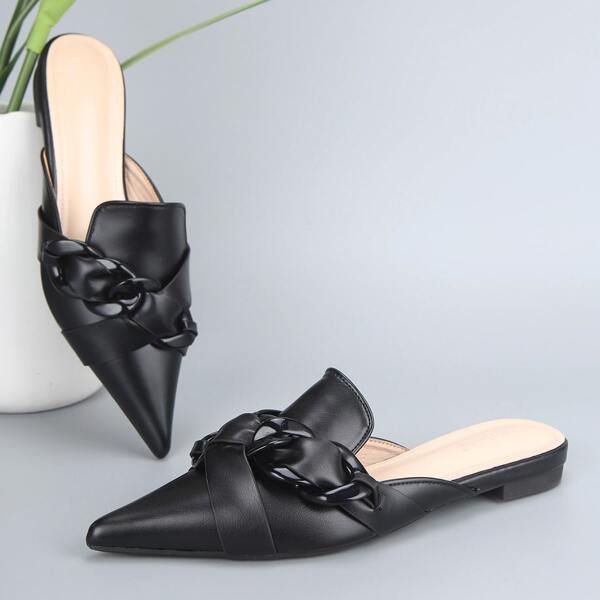 

Chain Decor Flat Mules, Black