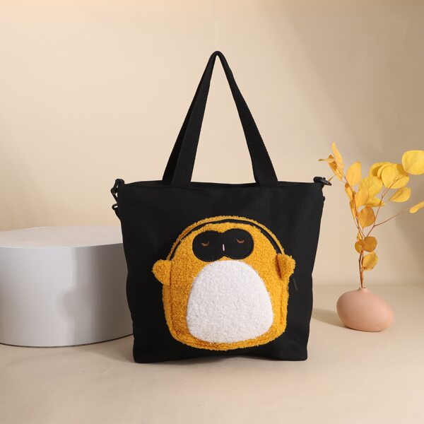 

Pocket Front Cartoon Decor Tote Bag, Black