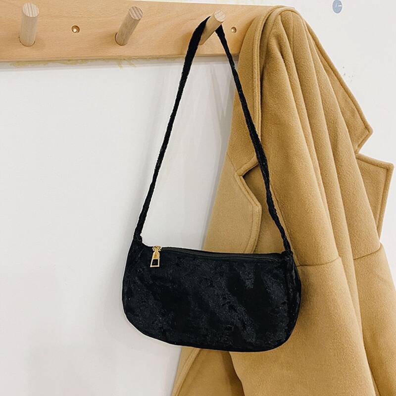 

Solid Velvet Baguette Bag, Black