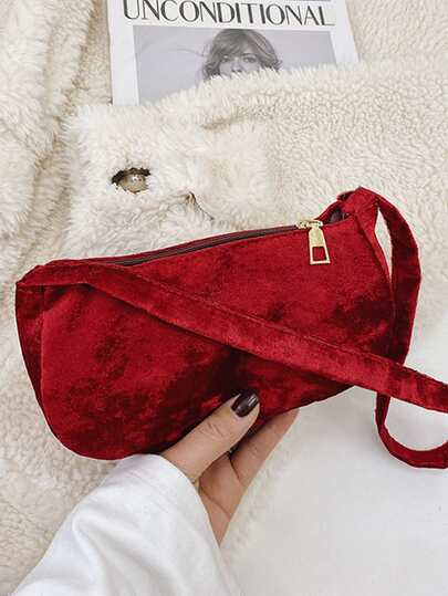 Solid Velvet Baguette Bag