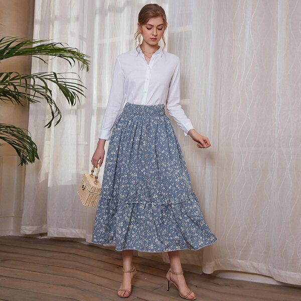 

Ditsy Floral Shirred Frill Trim Skirt, Multicolor