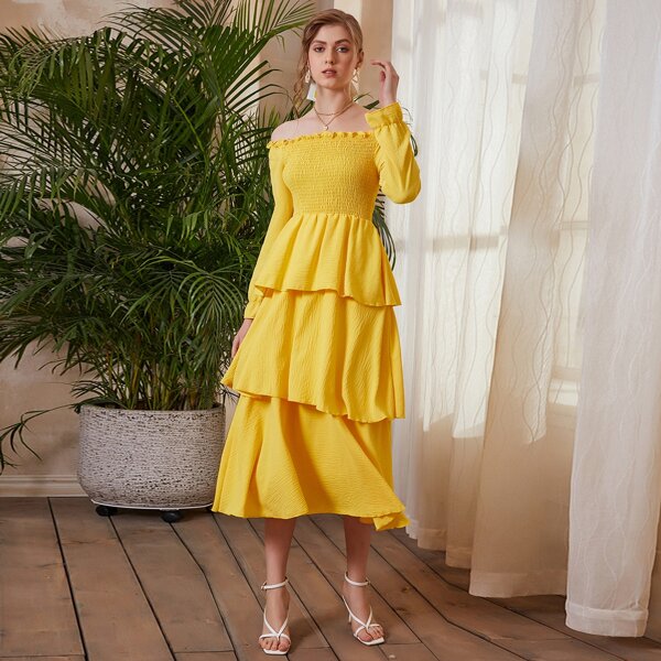 

Off The Shoulder Layered Hem Flounce Sleeve Dress, Yellow
