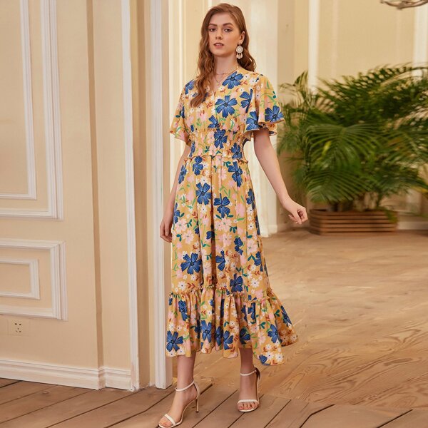 

Allover Floral Print Shirred Ruffle Hem Dress, Multicolor
