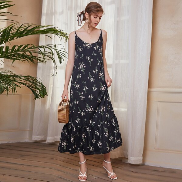 

Allover Floral Ruffle Hem Cami Dress, Black