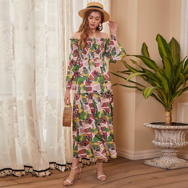 

Plants Print Off The Shoulder Shirred A-line Dress, Multicolor