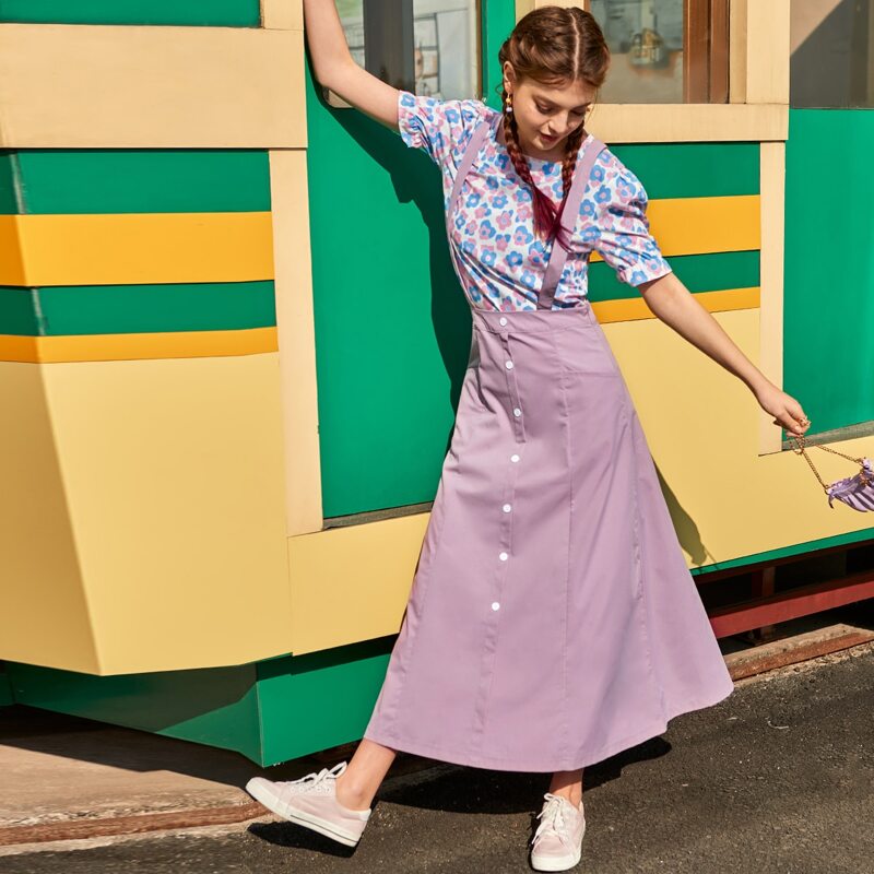 

Floral Print Puff Sleeve Top & Pinafore Skirt, Multicolor
