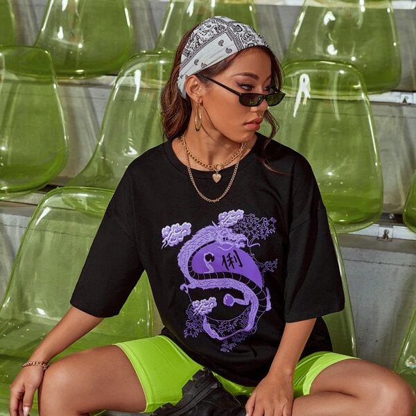

Chinese Dragon Print Drop Shoulder Tee, Black