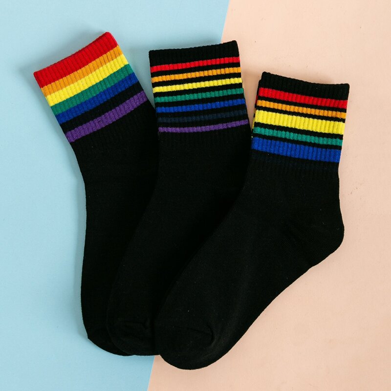 

3pairs Rainbow Striped Crew Socks, Black