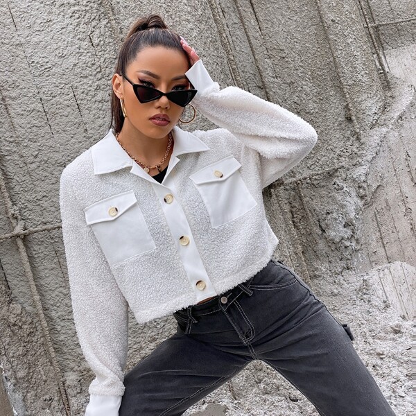 

Flap Pockets Drop Shoulder Teddy Jacket, White
