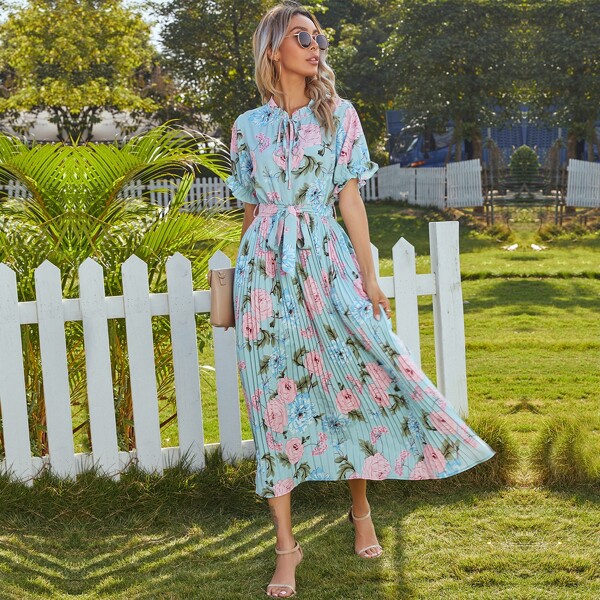 

Floral Tie Neck Belted Pleated Hem Dress, Multicolor