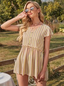 SHEIN VCAY 休閒褶皺邊條紋襯衫 - 彩色 - 查看 3