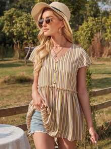 SHEIN VCAY 休閒褶皺邊條紋襯衫 - 彩色 - 查看 4