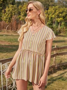 SHEIN VCAY 休閒褶皺邊條紋襯衫 - 彩色 - 查看 5