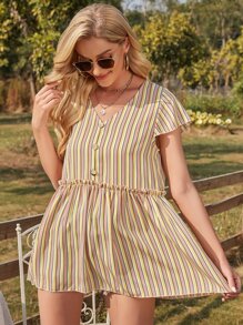 SHEIN VCAY 休閒褶皺邊條紋襯衫 - 彩色 - 查看 6