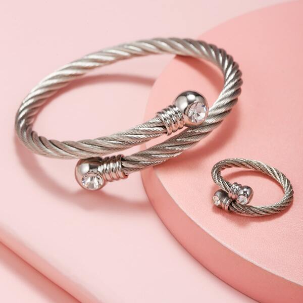 

Zircon Decor Twist Cuff Ring & Bangle, Silver