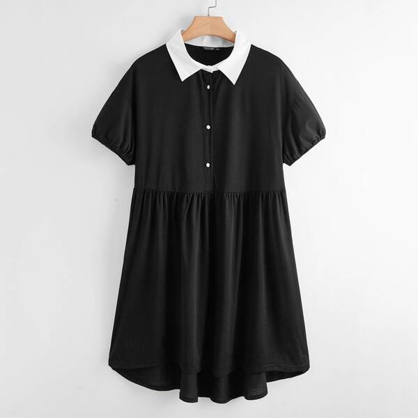 

Plus Contrast Collar Half Button Smock Dress, Black